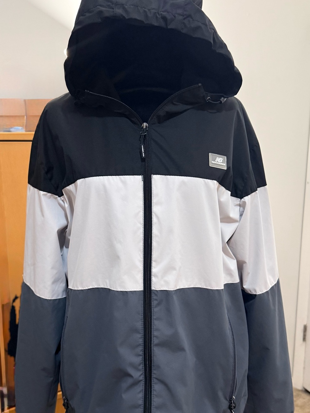 New Balance Black, White & Gray Colorblock Hooded Windbreaker